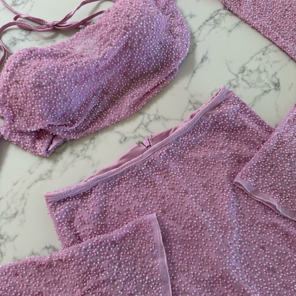 Oh Polly Lucerne Crop & Bern Mini Skirt Embellished SET - Pink - Size 4 - Picture 3 of 7